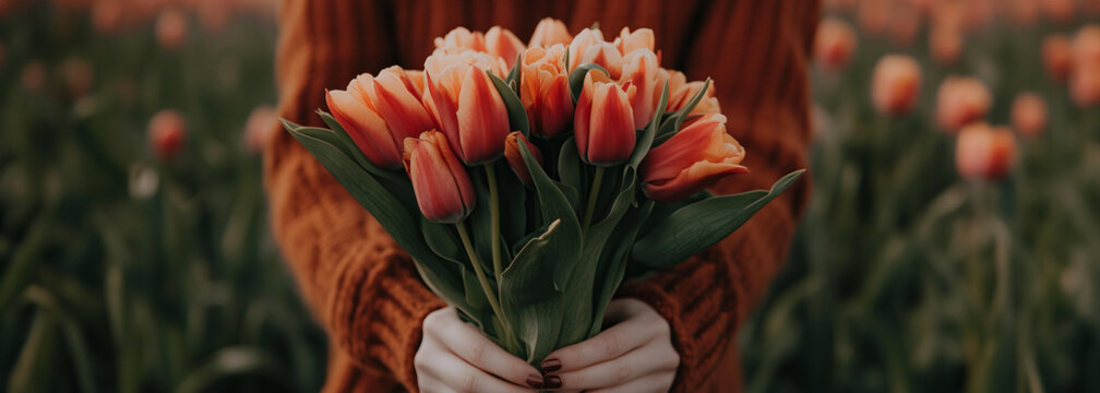 spring vacation lifestyle, close-up of hands holding a bouquet of freshly picked tulips, with a blurred backdrop of a colorful flower field, representing simplicity, nature