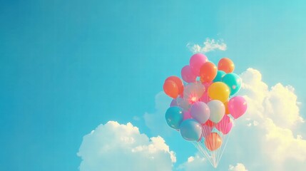 Colorful balloons drift upwards in a bright clear sky filled with fluffy clouds during a sunny afternoon. Generative AI