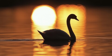 Fototapeta premium Silhouette of a solitary swan captured in the serene reflection of the setting sun on tranquil water, creating an enchanting scene featuring the swan s elegant form and the sunset glow.