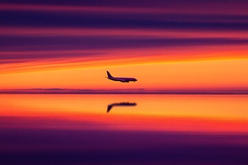 Airplane flying at sunset over calm water with vibrant colors in the sky