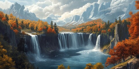 Stunning scenery of falls in a natural landscape, showcasing the beauty of nature and its enchanting waterfalls. Experience the breathtaking scenery of falls that embody the essence of nature s