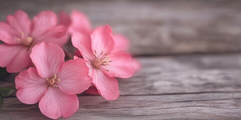 Fototapeta premium Pink flowers displayed on a vintage wooden background create a charming scene. This image of pink flowers features selective focus and an ideal space for text enhancement.