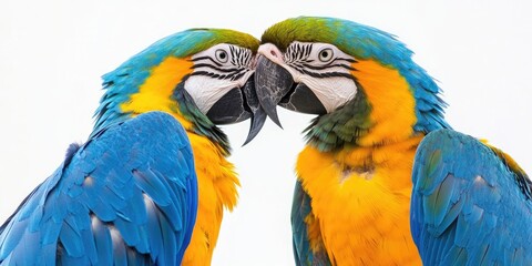 Naklejka premium Vibrant blue and yellow macaw love birds exhibit stunning colors against a clean white background, showcasing their beauty and charm as captivating love birds in a visually striking composition.