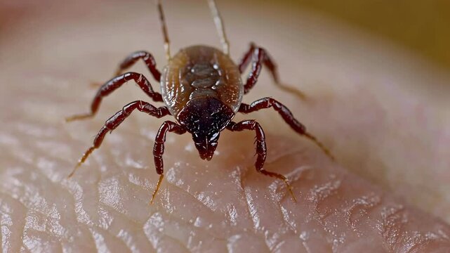 Close-up view of a tick crawling on skin during warm weather in a natural setting