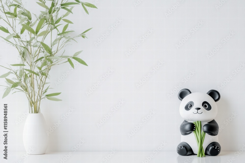 Poster Cute panda figurine holding bamboo in a minimalist setting with empty space for text and greenery. Generative AI