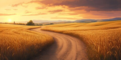 Fototapeta premium Tranquil sunset rural landscape featuring a scenic dirt road meandering through expansive golden wheat fields, capturing the essence of serene country life amidst nature s beauty.