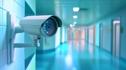 Security camera mounted on a wall in a hospital corridor.