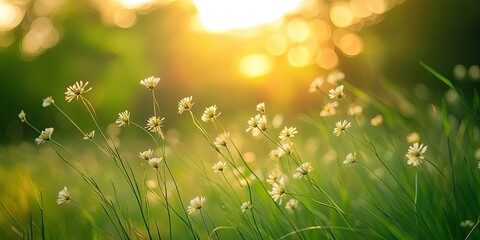 Obraz premium Vibrant flower grass thrives in the meadow, creating a stunning natural display. This beautiful flower grass beautifully enhances the picturesque scenery of the meadow surroundings.