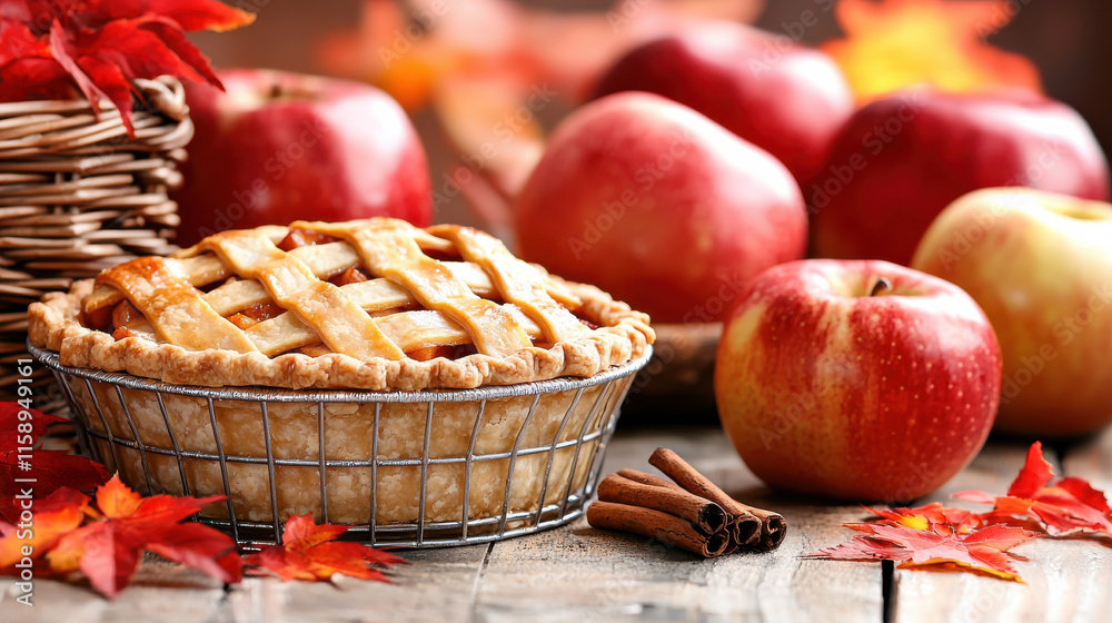 Poster delicious homemade pie with flaky crust filled with spiced apples, surrounded by fresh red apples an
