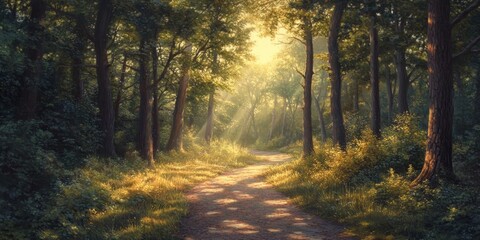Fototapeta premium Evening light filters through the trees, illuminating a serene path through the forest. This enchanting evening light highlights the beauty of the forest and invites exploration along the path.