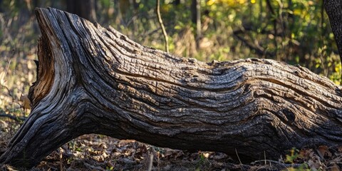 Fototapeta premium Broken tree trunk in the woods, highlighting the beauty of fallen trees in nature. A fascinating view of fallen trees, showcasing the textures and shapes of broken tree trunks in a serene environment.
