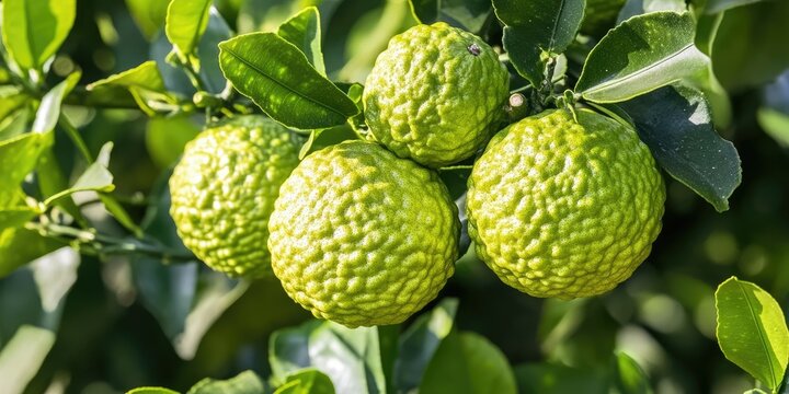Close up of ripe Bergamot orange fruits on the tree, showcasing the vibrant green of Citrus bergamia. Enjoy the beauty of Bergamot orange as it blends with other citrus fruits in nature.