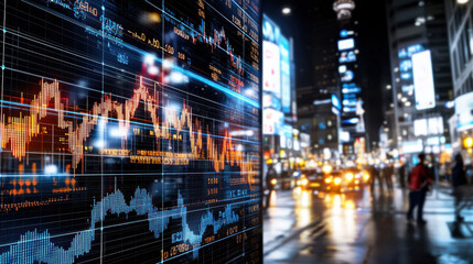 digital stock market display shows rise in financial trends at night, with vibrant city lights reflecting on wet streets, creating dynamic urban atmosphere