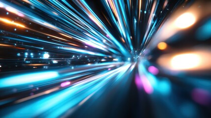 Dynamic streaks of blue and orange light create a vivid, abstract look, capturing the essence of speed and energy in a modern, digital-inspired scene.