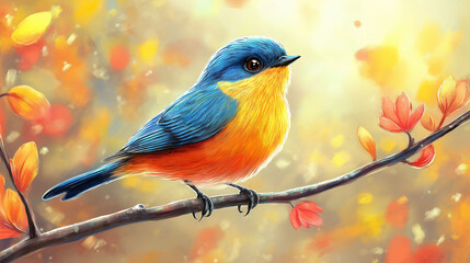 Fototapeta premium A vivid splash of colors brings this ethereal bird to life, perched serenely amidst a dreamy watercolor backdrop, encapsulating a moment of tranquil beauty.