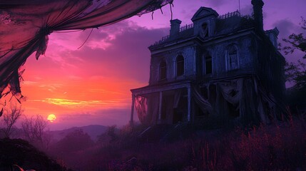A hauntingly beautiful sunset illuminates a dilapidated mansion, surrounded by overgrown grass, evoking a sense of mystery and nostalgia.