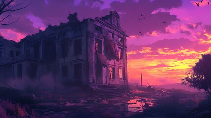 Fototapeta premium A hauntingly beautiful sunset illuminates a derelict building, surrounded by a moody landscape filled with shadows and vibrant colors.