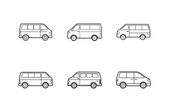 set of transport icons,  minivan icon line art vector illustration, car outline