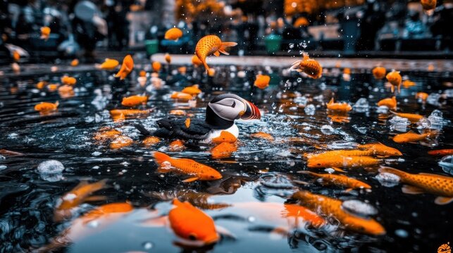Puffin Among Koi Fish