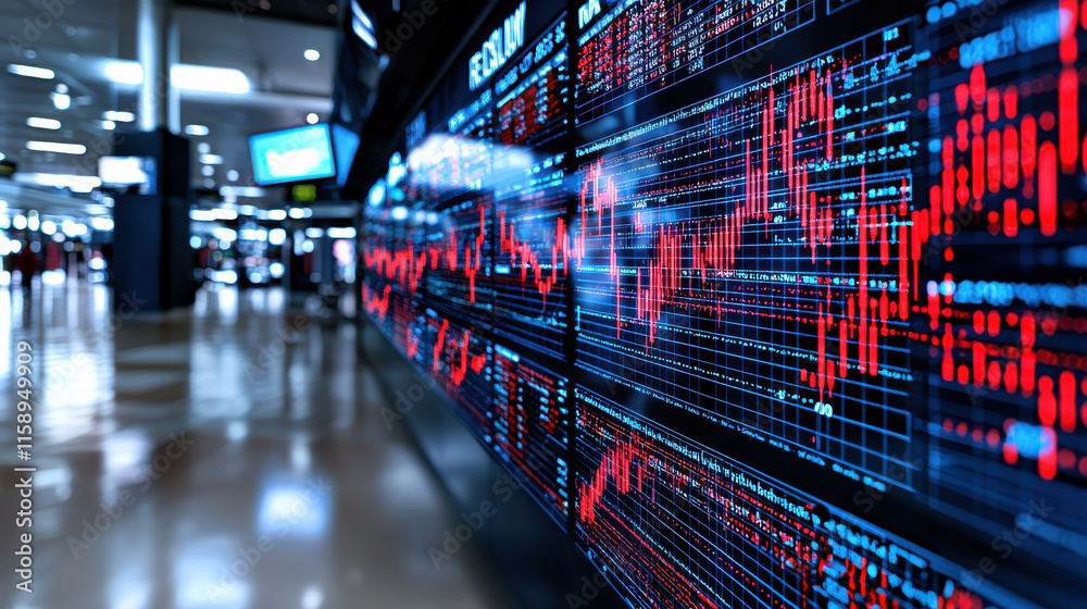 Leinwandbilder digital stock market display showing rise in financial data trends, with vibrant red and blue lines 