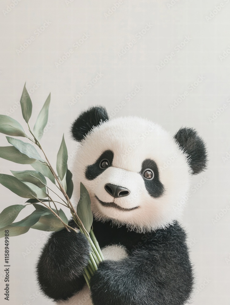 Aufkleber cute panda holding bamboo with a playful expression against a light background for text placement. g