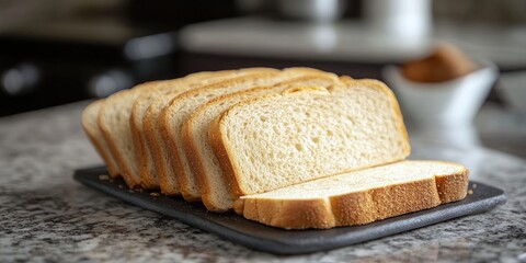 Fresh bread slices arranged on a kitchen counter, ideal for a variety of culinary creations. These fresh bread slices are perfect for sandwiches or toast, showcasing their versatility in the kitchen.