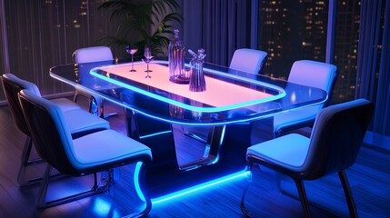 Obraz premium A modern dining table with blue LED lighting, surrounded by sleek chairs, set in a stylish, illuminated room with city views.
