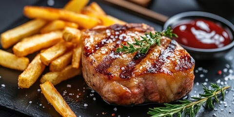 Delicious wrapped pork chop served alongside crispy french fries, creating a mouthwatering combination of flavors in this appetizing dish featuring wrapped pork chop and french fries.