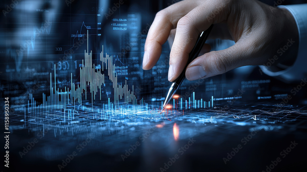 Poster financial analyst analyzing investment trends with data visualization, using pen to highlight key points on digital screen