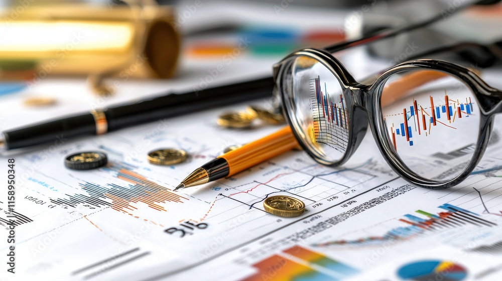 Poster analyzing financial data with glasses reflecting charts and graphs, showcasing investment insights a