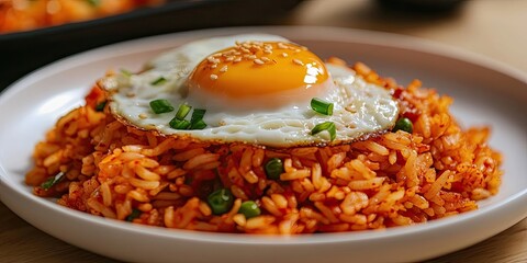 Fototapeta premium Delicious kimchi fried rice, a popular Korean food dish, served with a perfectly fried egg on a white plate. Enjoy the flavors of this delightful kimchi fried rice creation.