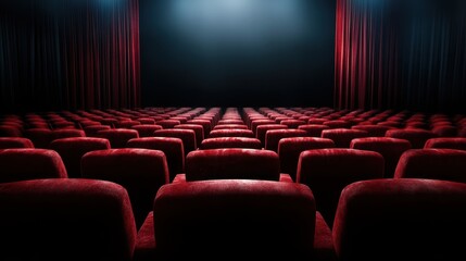 Obraz premium The iconic theater auditorium with red curtains and dim lighting creates a scene filled with mystique, setting an elegant background for shows and cultural gatherings.