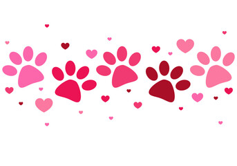 Happy Valentine's day greeting card with hearts and paw prints. Dog love, Cat love. Valentine's day greeting card with hearts and vector foot trail print of cat. Dog, puppy © Katsiaryna Hatsak