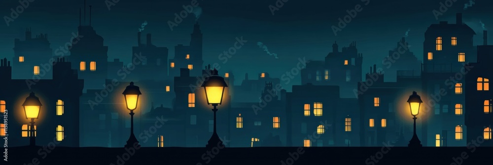 Poster dark nighttime cityscape with a few illuminated windows and street lamps in a tranquil urban setting