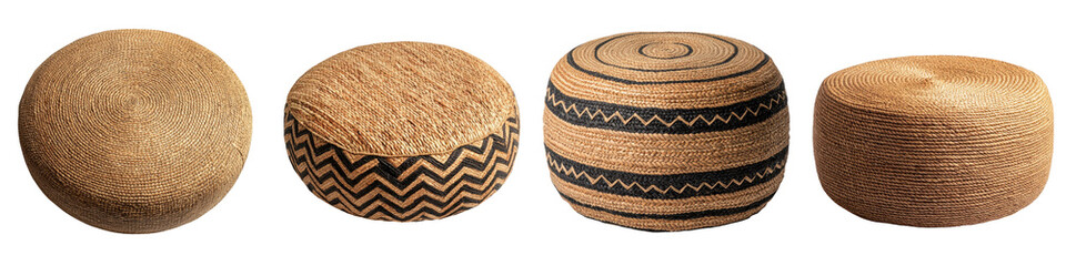 Collection of handcrafted woven decor elements in earthy tones and organic textures including...