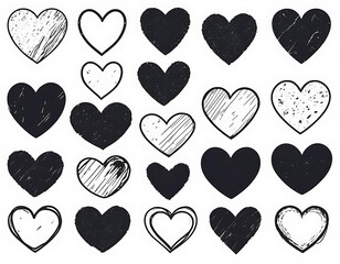 Collection of various textured black and white hearts