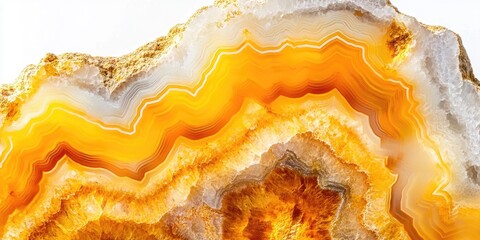 Obraz premium Close up of macro mineral stone showcasing vibrant Yellow Agate, emphasizing its unique properties and textures against a white background, perfect for illustrating the beauty of Yellow Agate.