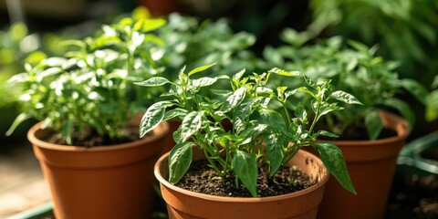 Young green chili peppers thrive in pots, showcasing their robust growth in a backyard garden setting, where these chili peppers flourish with vibrant hues and healthy foliage.