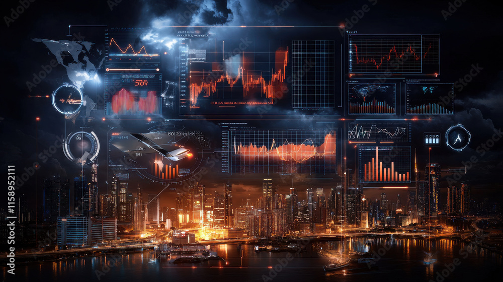 Fototapete high tech digital financial dashboard displaying real time data, graphs, and analytics over city sky