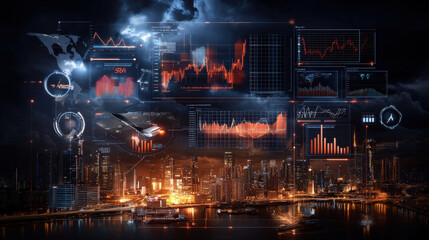 High tech digital financial dashboard displaying real time data, graphs, and analytics over city skyline at night. vibrant visuals convey sense of innovation and technology