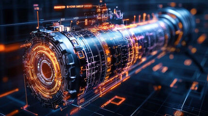 High tech digital display of futuristic financial dashboard with glowing elements and intricate data patterns. This represents advanced technology and innovation