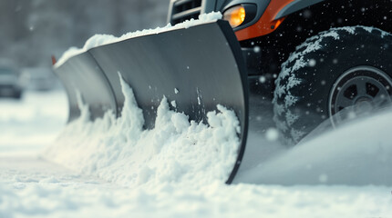 Snow Plow Truck Clearing Road During Winter Storm at Night in Urban Area. Services, safety, municipal works, and seasonal transportation.