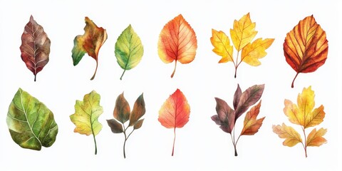 Fototapeta premium Watercolor botany collection featuring a variety of autumnal leaves isolated on a clean white background, perfect for seasonal products, holiday designs, and greeting cards showcasing autumnal beauty.