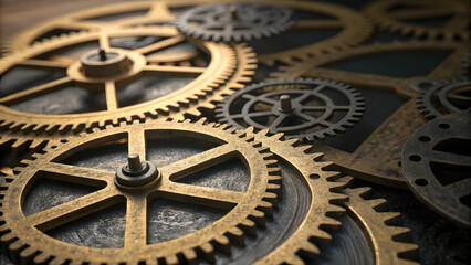 A close-up of intricate gold and black gears interlocked in a seamless, mesmerizing pattern, with fine engravings and textured surfaces glinting under warm, dramatic lighting