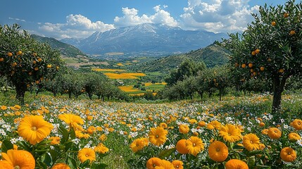   A field brimming with orange and white blossoms against a mountainous backdrop, crowned with wispy clouds overhead