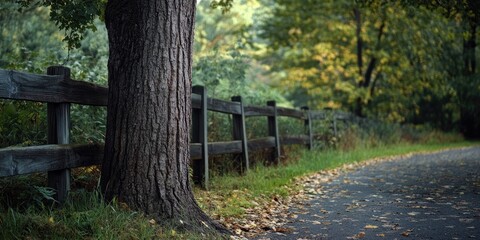 Obraz premium A solitary tree trunk positioned along a pathway next to a wooden fence, showcasing the natural beauty of the tree trunk in an outdoor setting. Enjoy the tranquil view of the tree trunk.