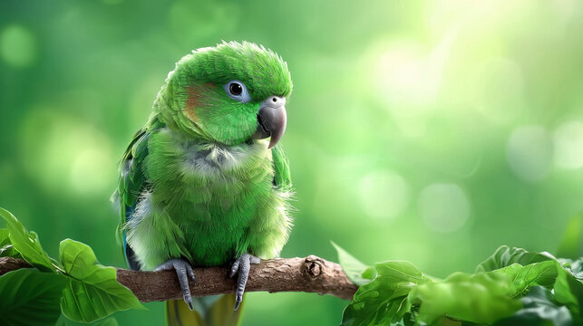 vibrant green parrot perched on branch, surrounded by lush greenery, exuding sense of tranquility and beauty in nature