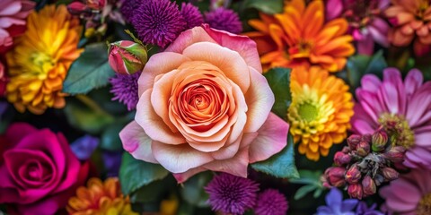 Fototapeta premium Vibrant rose bud accompanied by an array of colorful flowers, showcasing the beauty of floral arrangements and the charm that colorful flowers bring to any setting.