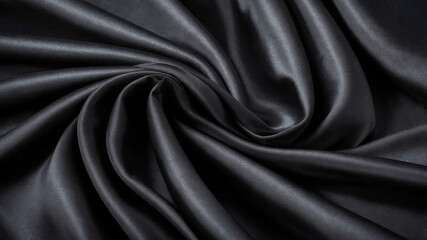 Fototapeta premium Dark Elegance: Smooth, luxurious black satin fabric with elegant folds and soft draping. Perfect for backgrounds, textures, or fashion designs.