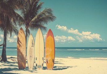 Collection of Colorful Surfboards Standing on Sandy Beach Under Palm Trees with Clear Blue Sky and Gentle Waves in the Background of a Tropical Paradise